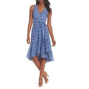 Eliza J Dress Ruffle Hem High Lo Sleeveless V Neck Blue Gingham Faux Wrap Size 4